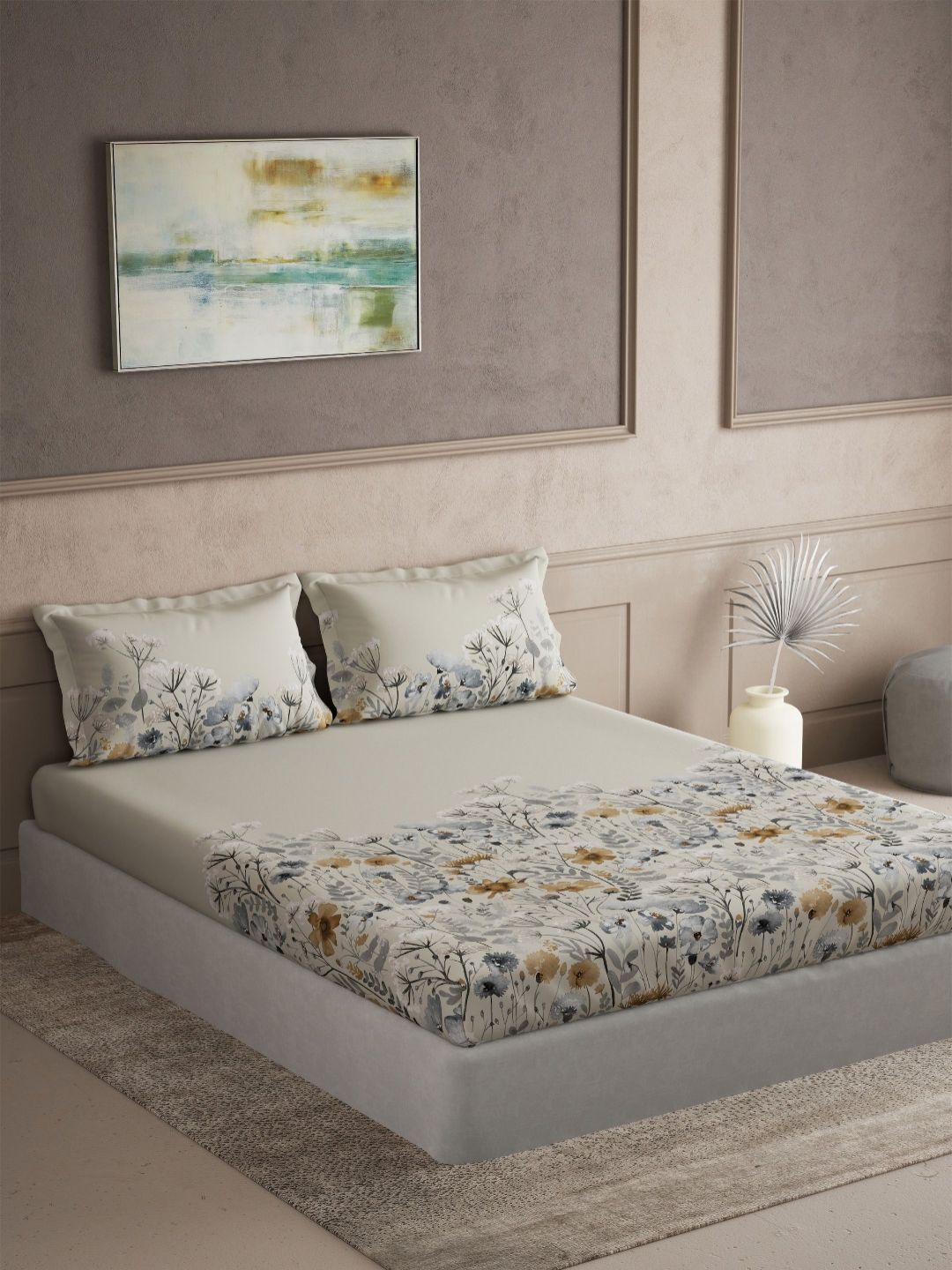 DDecor Grey & Blue Floral Printed 180 TC Cotton Double King Bedsheet Set 2.74 m x 2.74 m-picture-37