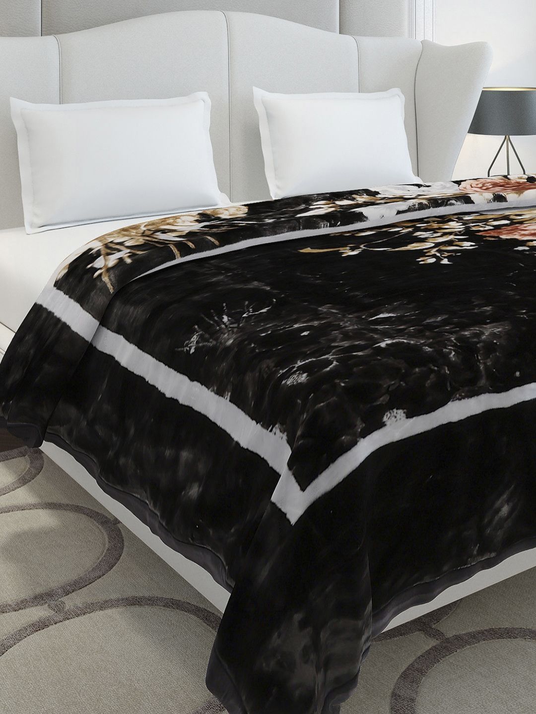 Monte Carlo Black & White Floral Printed Heavy Winter 300 GSM Double Bed Blanket-picture-11