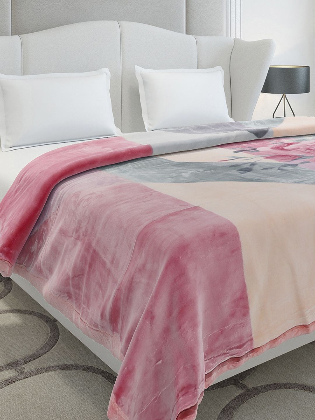Monte Carlo Pink & Grey Floral Heavy Winter 300 GSM Double Bed Blanket-image-29