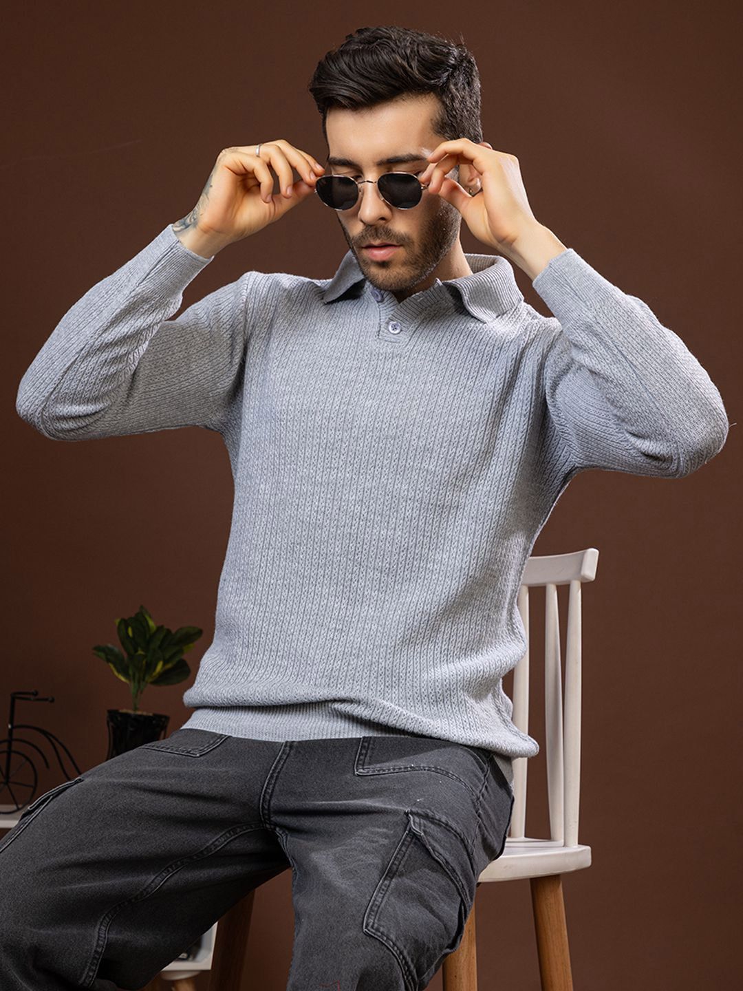TYSORT Men Self Design Shirt Collar Woollen Pullover-image-31