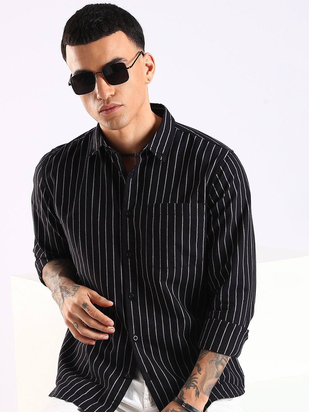 HERE&NOW Men Vertical Striped Button-Down Collar Cotton Casual Shirt-picture-44