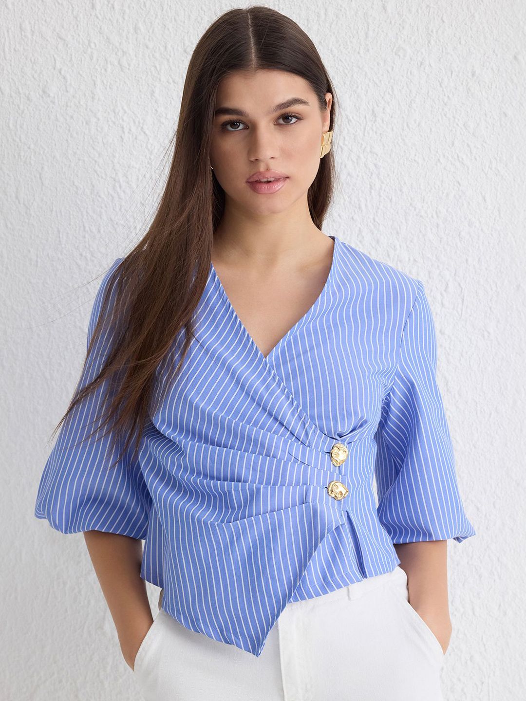 Trendyol Striped Puff Sleeve Cotton Wrap Top-picture-15