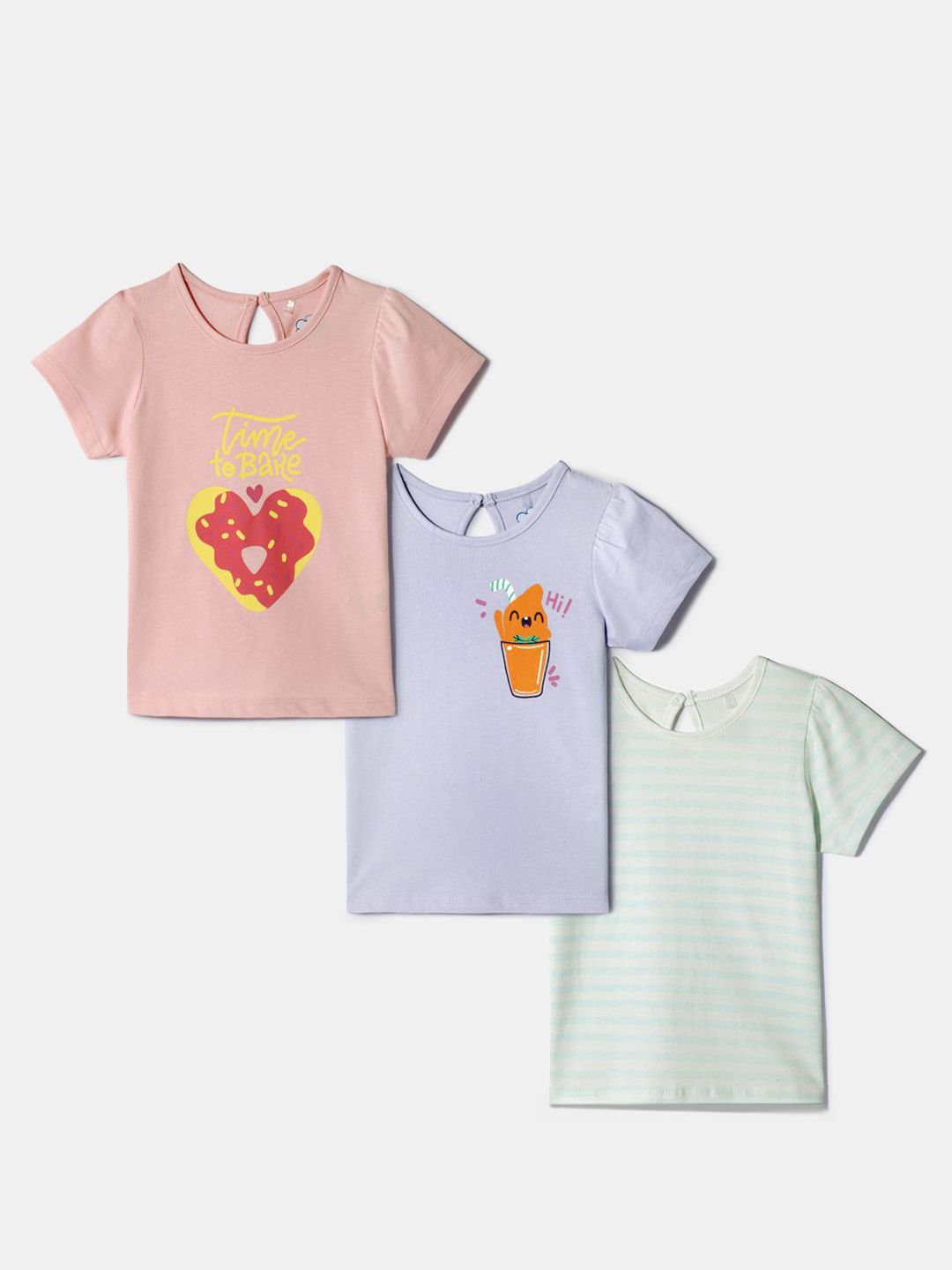 Nauti Nati Girls Pack of 3 Printed and Striped Cotton Regular Tops-picture-0