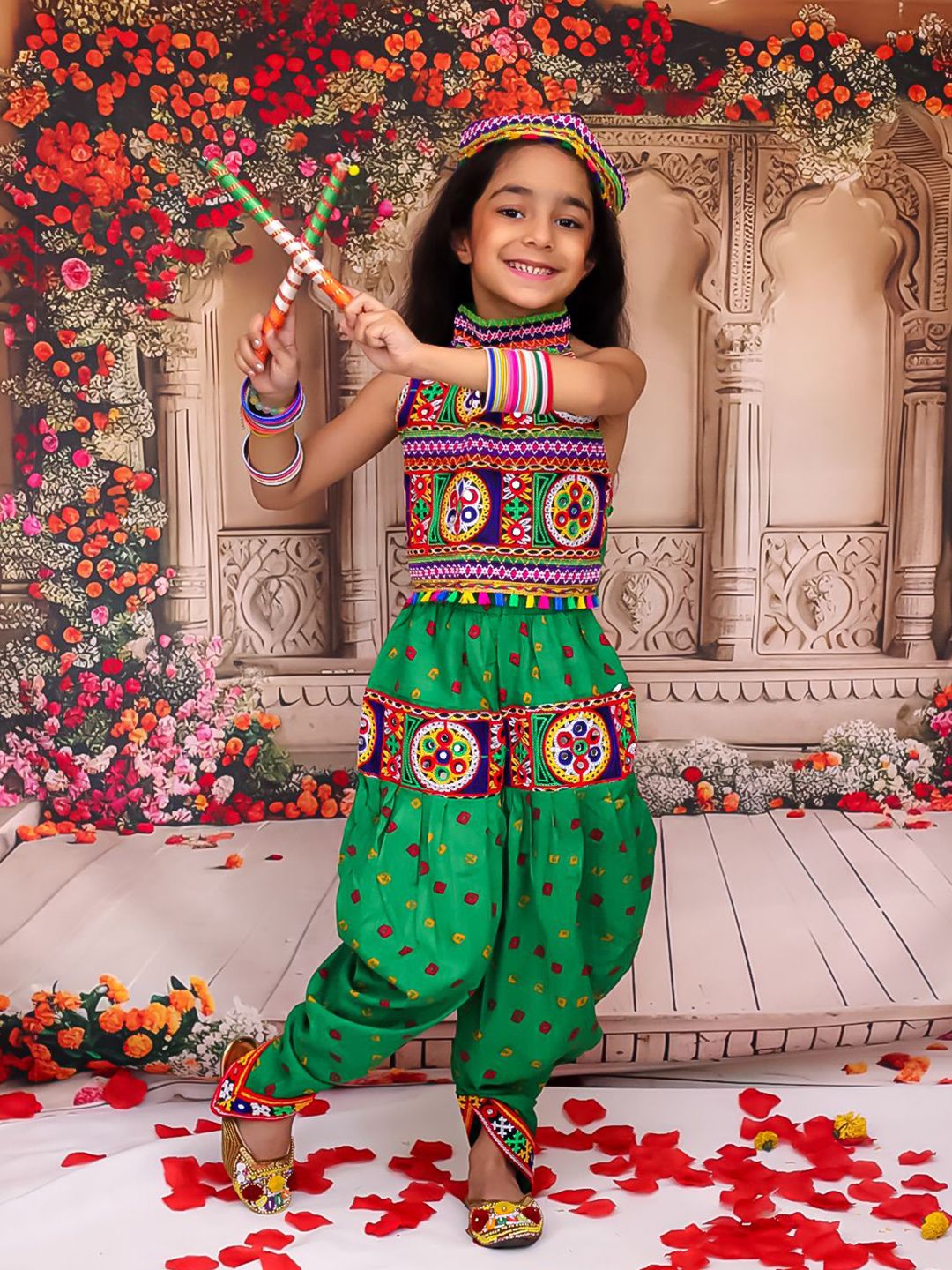KID1 Girls Embroidered Dandia Nights Dhoti Set With Cap-picture-21