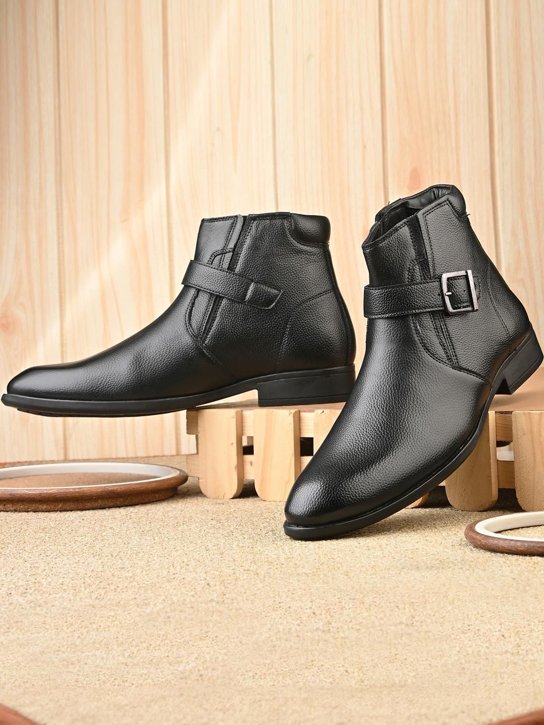 Roadster Men Sleek Black Faux Leather Boots with Buckle Detail-picture-45