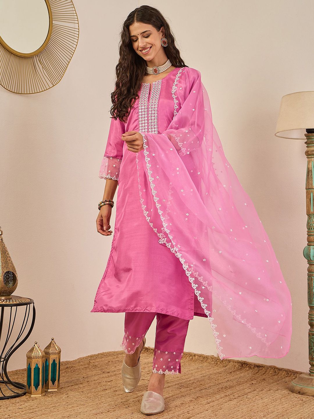 VredeVogel Geometric Yoke Design Round Neck Straight Kurta With Trouser & Dupatta