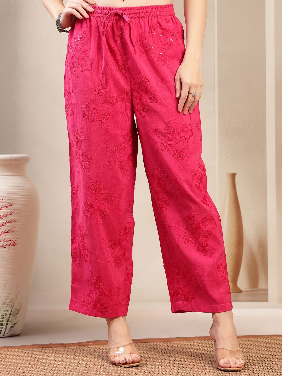Sangria Women Floral Embroidered Straight-Fit Cotton Trousers-picture-29