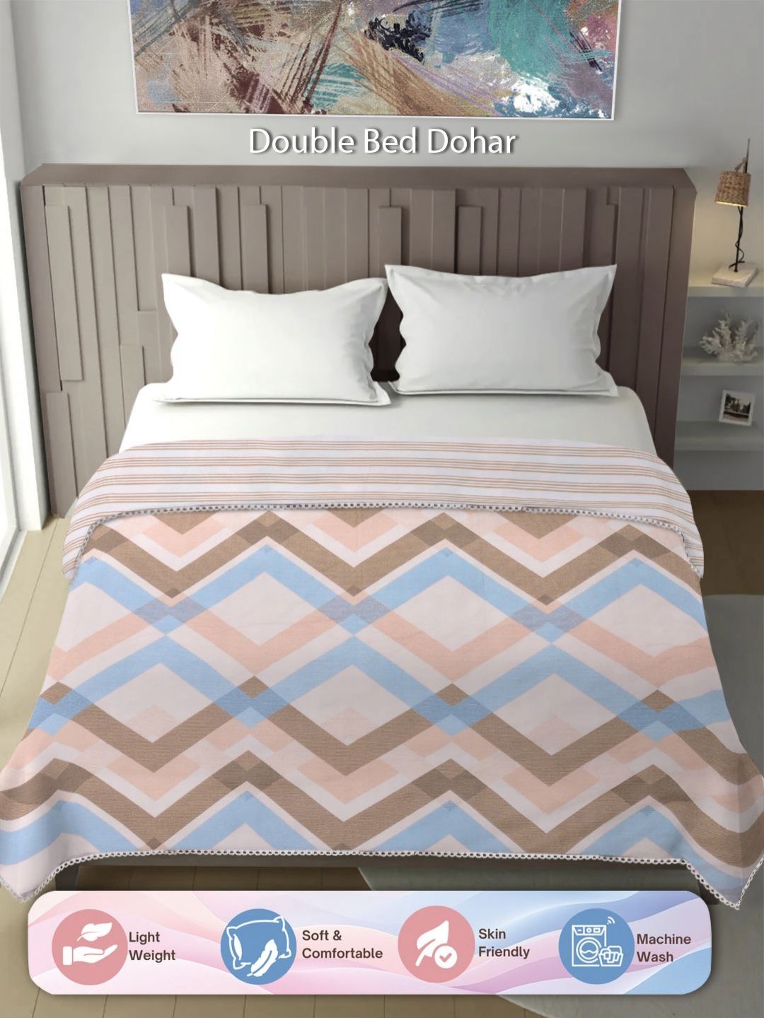 Aura Peach & Blue Geometric Mild Winter 300 GSM Double Bed Dohar-image-38