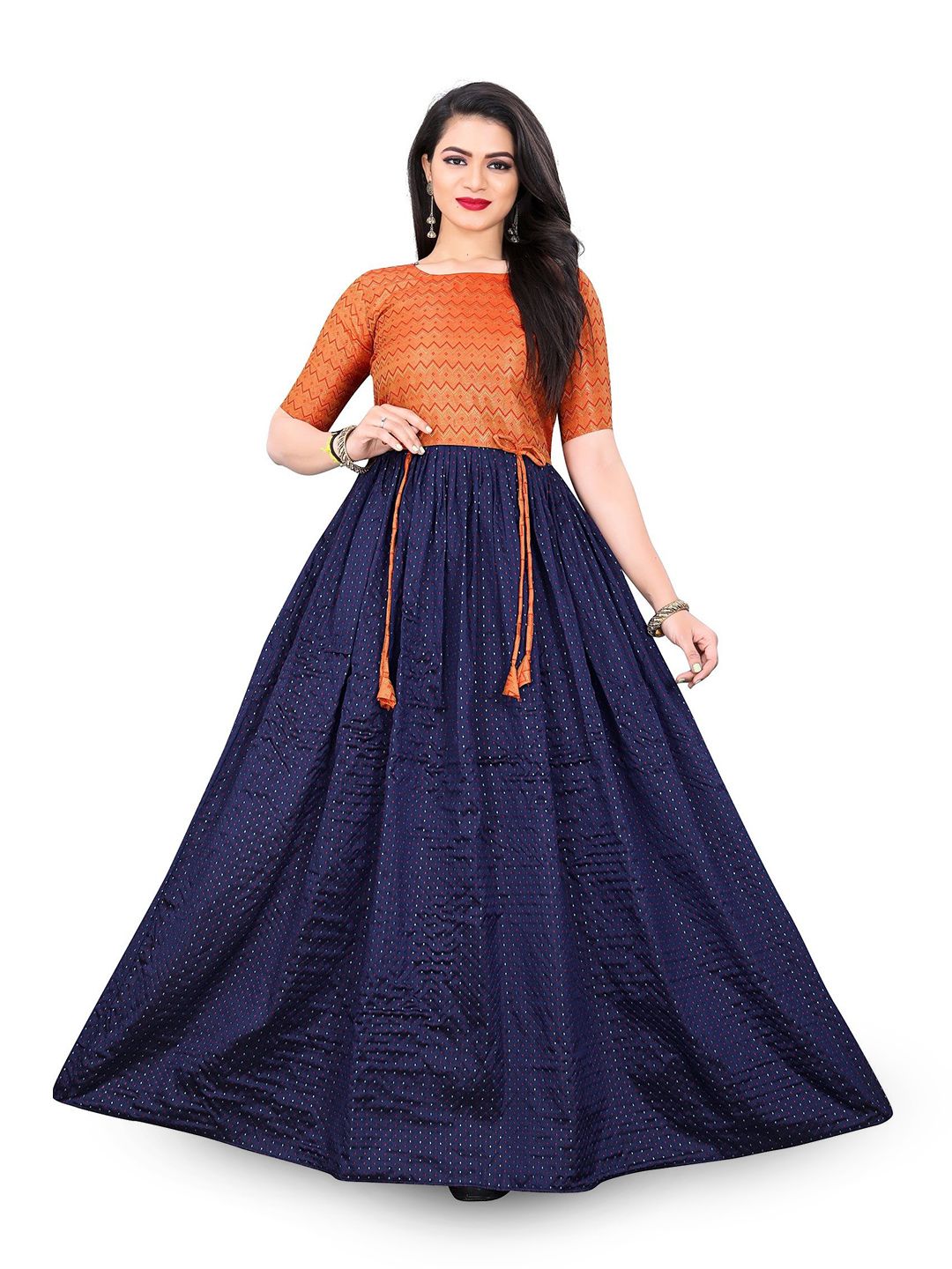 Thapnath Women Geometric Self Design Round Neck Fit & Flare Maxi Dress-picture-39