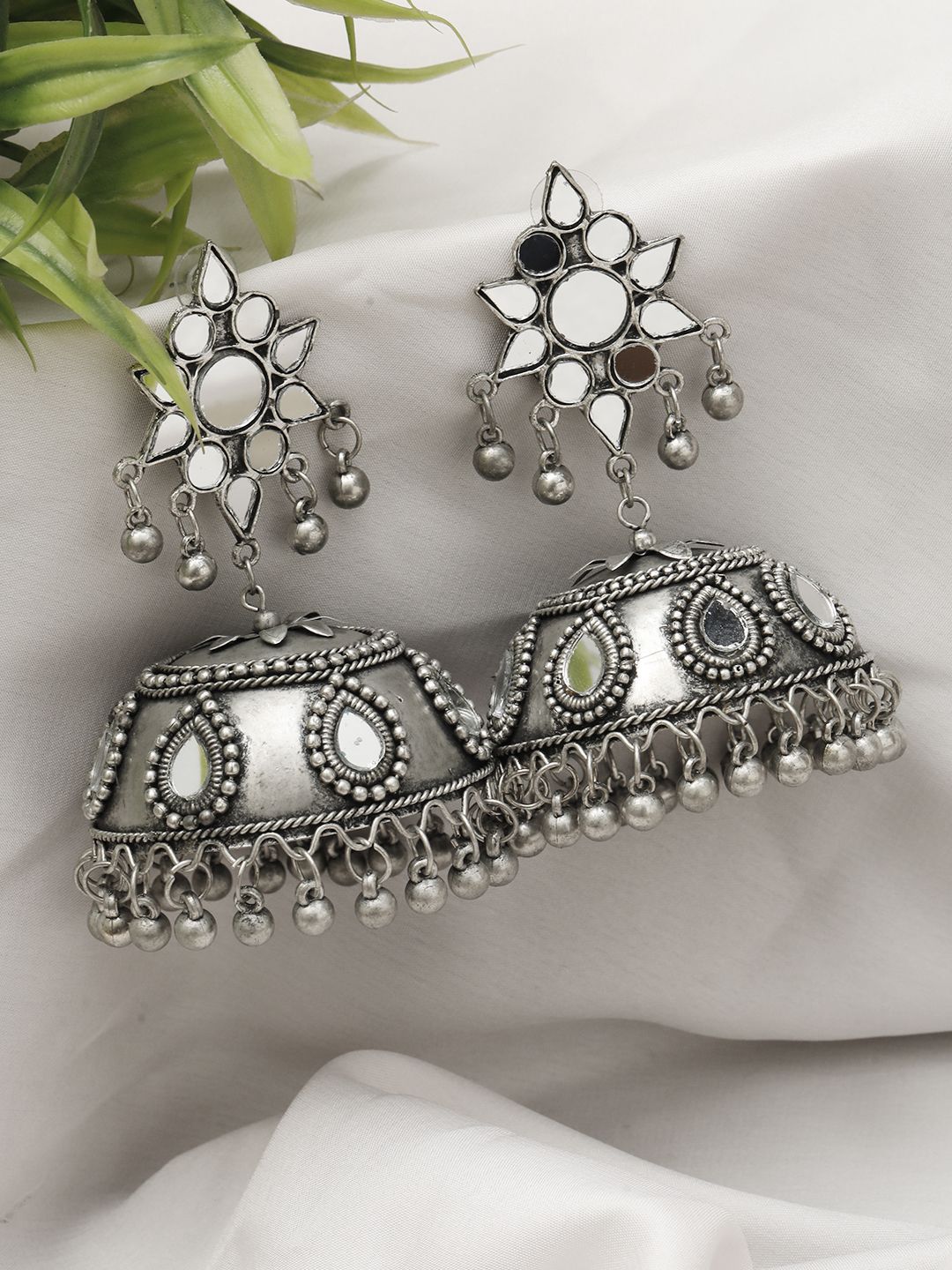 VIVAZS Silver-Plated Artificial Stones Studded & Beaded Oxidised Dome Shaped Jhumkas-picture-23