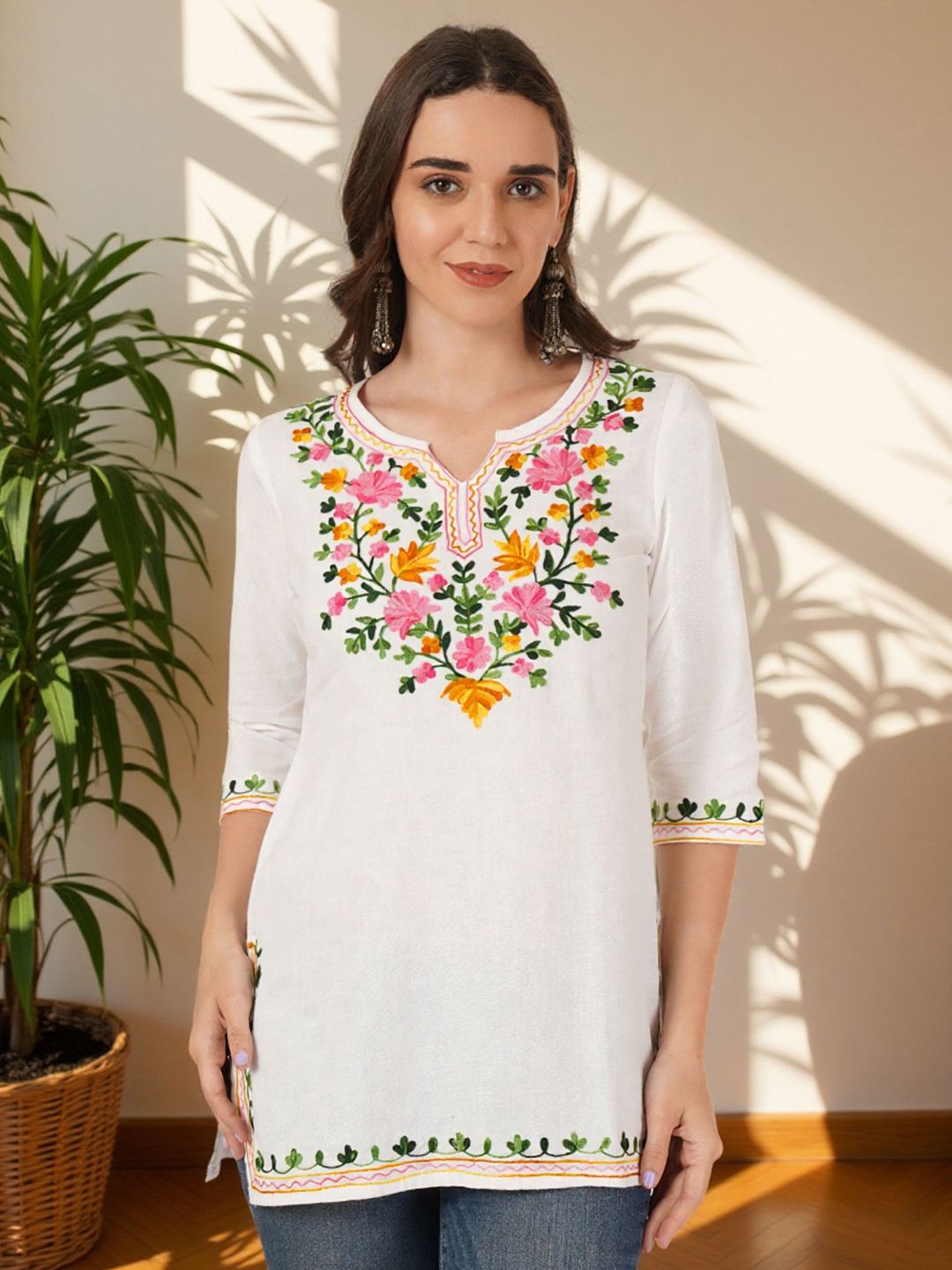 Brownverse Ethnic Motifs Embroidered V-Neck Khadi Kurti-picture-41
