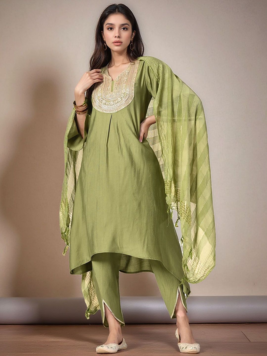 HERE&NOW Women Solid A-Line Kurta with Dhoti Pants & Dupatta