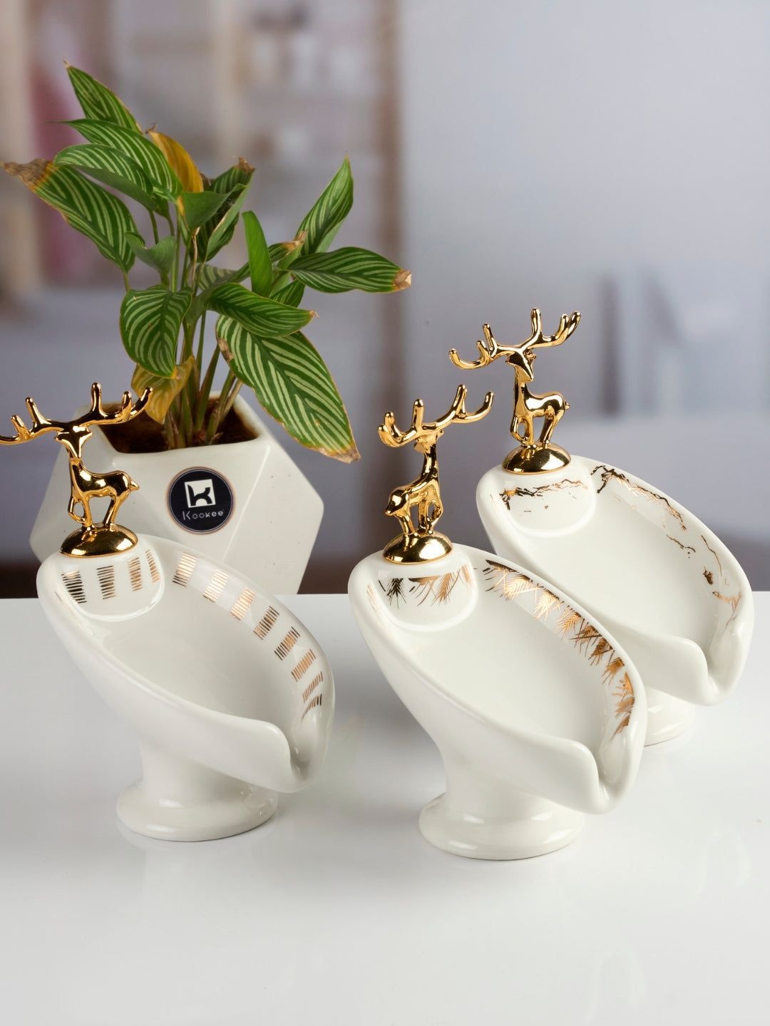Kookee White & Gold Toned 3 Pieces Printed Ceramic Soap Dishes-picture-15