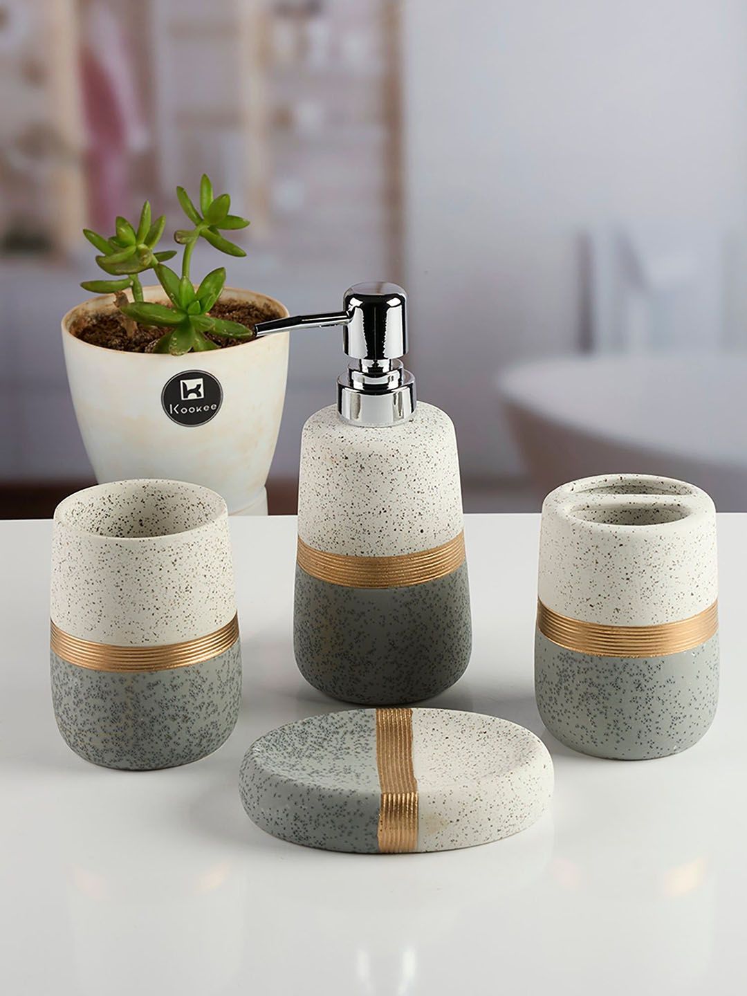 Kookee Grey & White 4 Pieces Textured Ceramic Soap Dispenser Bathroom Accessories-image-45