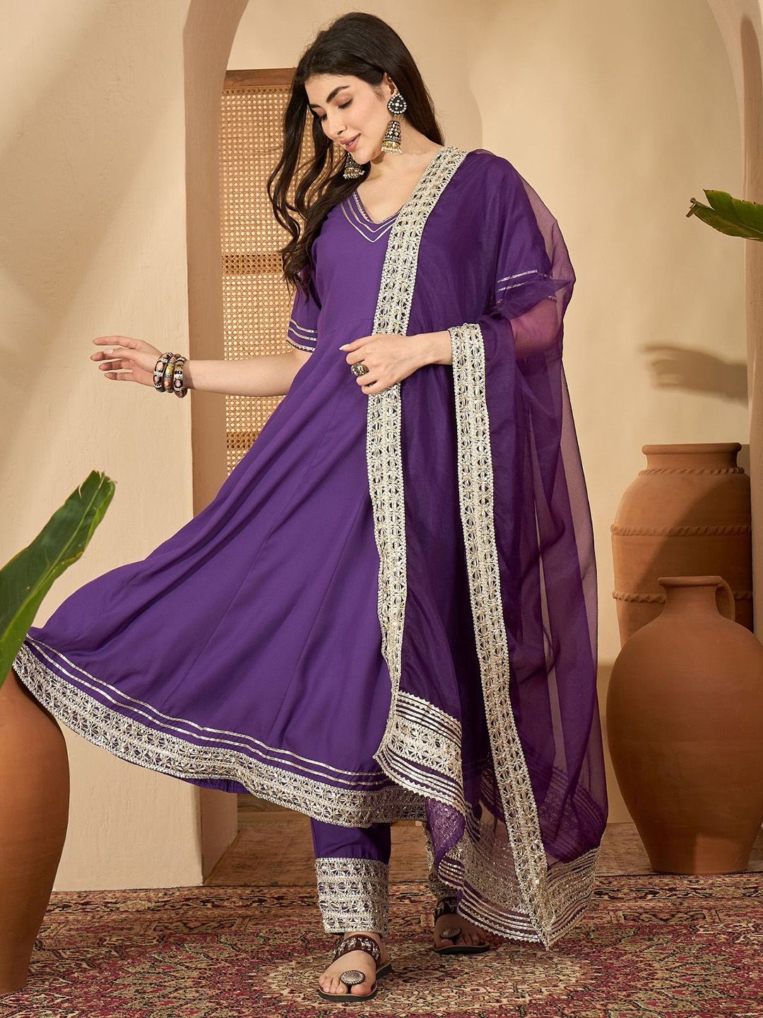 Sangria Women Ethnic Motifs Embroidered Anarkali Kurta with Churidar & Dupatta