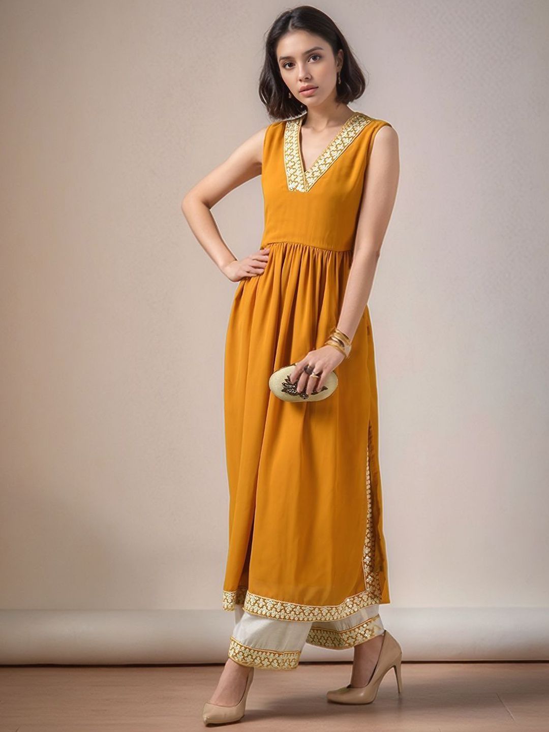 HERE&NOW Women Ethnic Motifs Solid A-Line Kurta with Palazzo