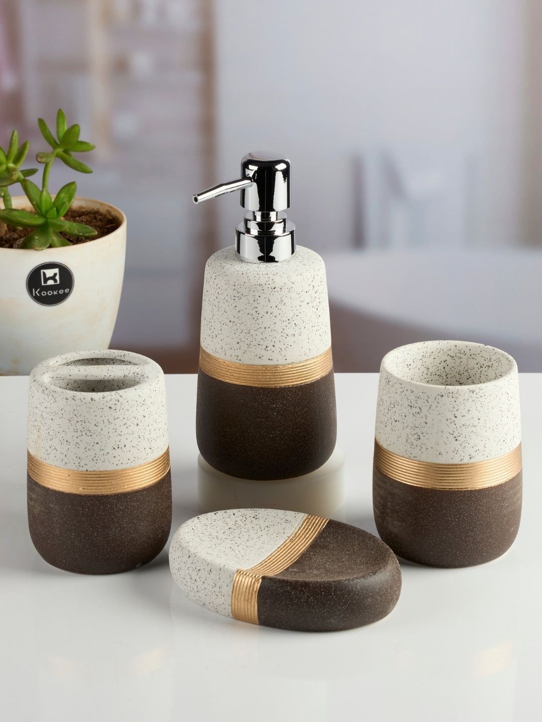 Kookee White & Coffee Brown 4 Pieces Textured Ceramic Soap Dispenser Bathroom Accessories-image-42