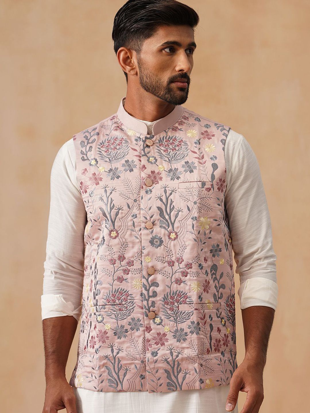 Jompers Men Floral Embroidered Nehru Jacket