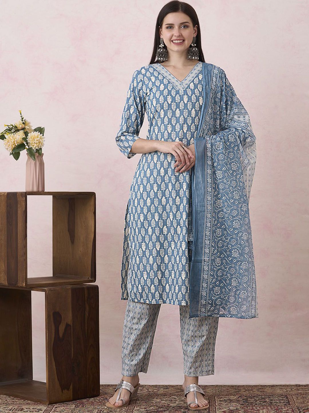 FASHOR Women Ethnic Motifs Printed Pure Cotton Kurta with Trouser & Dupatta
