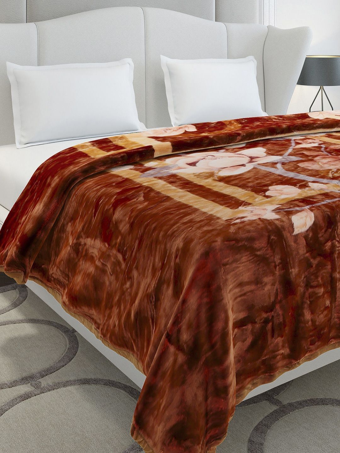 Monte Carlo Brown & Beige Floral Heavy Winter 300 GSM Double Bed Blanket-picture-39