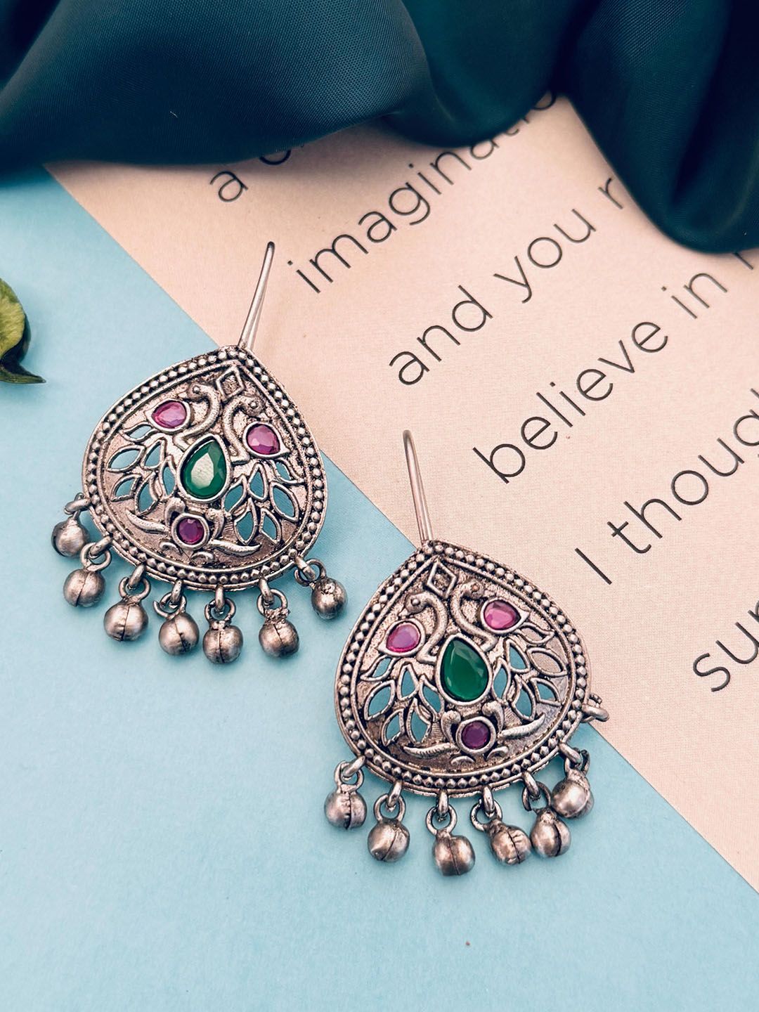 Anouk Silver-Plated Stones Studded & Ghungroo Beaded Teardrop Shaped Drop Earrings-picture-39