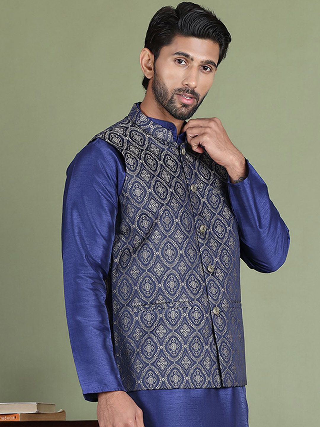 Jompers Men Woven Design Mandarin Collar Nehru Jacket-picture-51