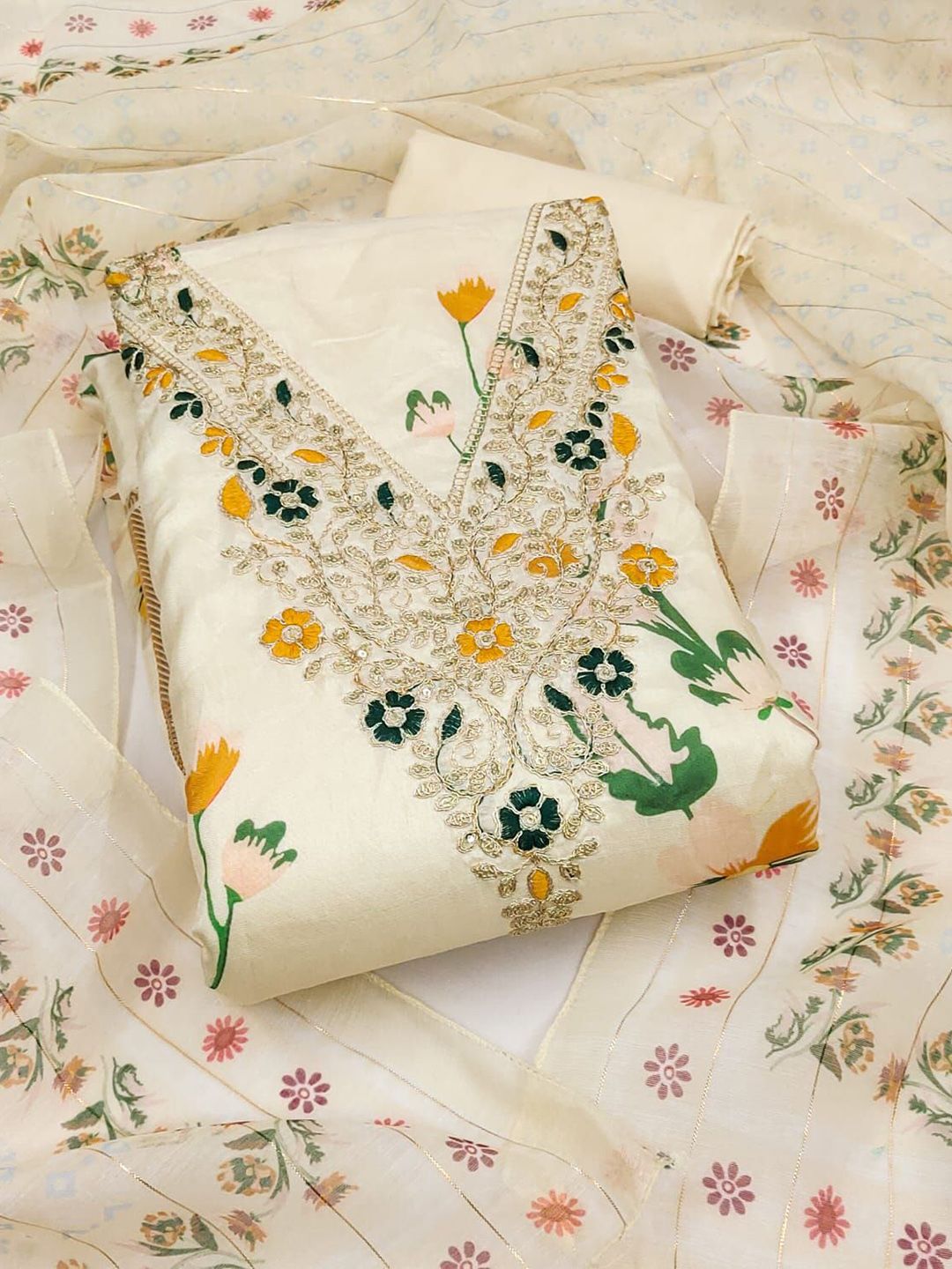 V3 FASHION STUDIO Women White Embroidered Pure Cotton Unstitched Dress Material