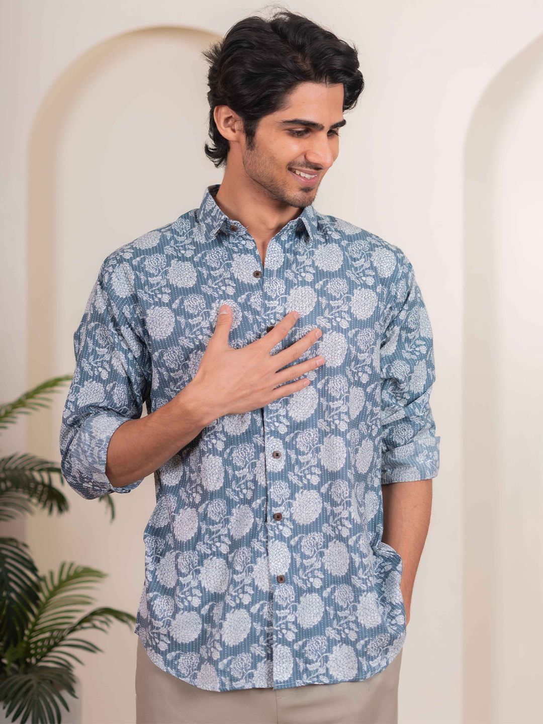 Shasak Men Classic Fit Floral Printed Spread Collar Cotton Casual Shirt-picture-17