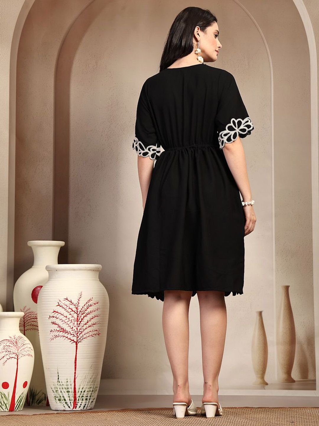 Girls Tie Up Neck Cotton Fit Flare Dress
