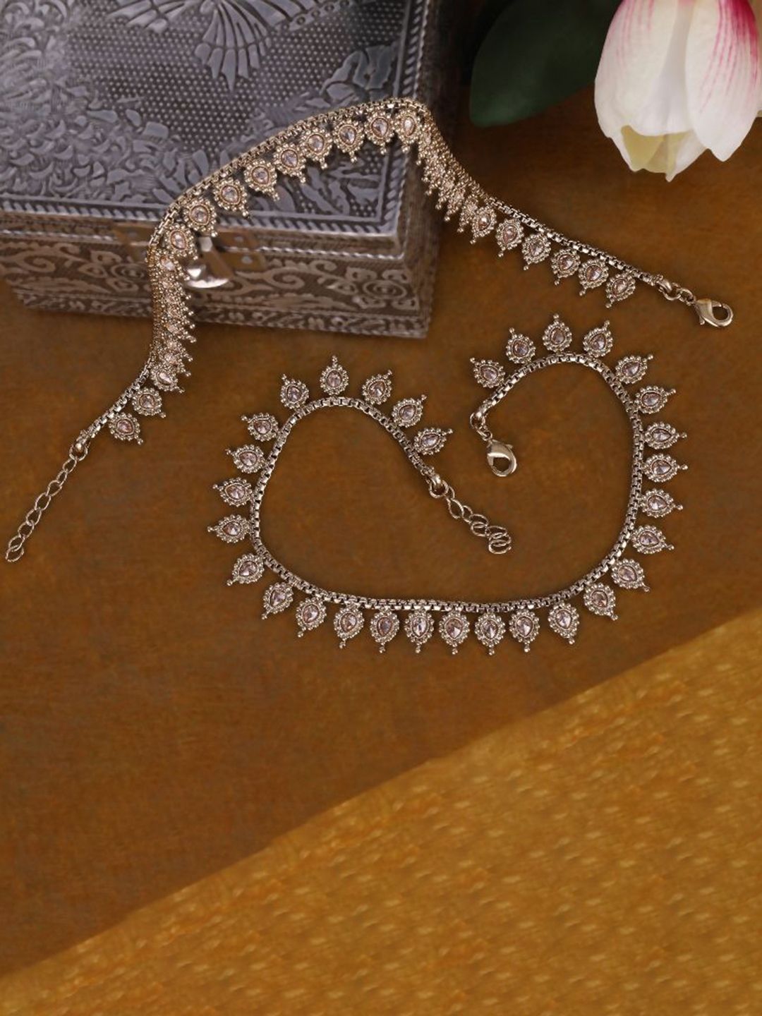 SALONI FASHION JEWELLERY Set of 2 Women Brown Gold-Plated Crystals Anklets-picture-34