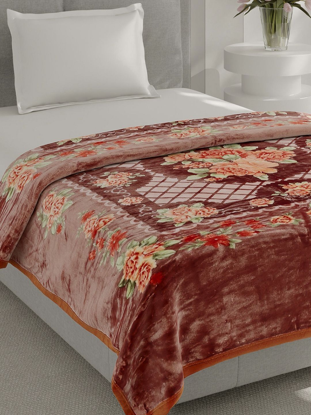 Monte Carlo Brown & Red Floral Printed Heavy Winter 233 GSM Single Bed Blanket-image-20