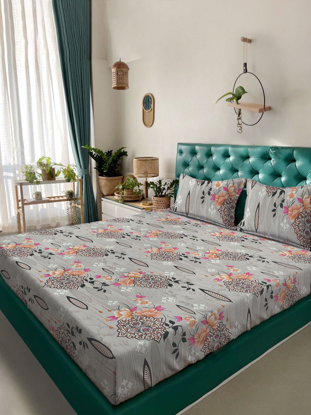 KLOTTHE Multicoloured Floral 300 TC King Bedsheet with 2 Pillow Covers-picture-19