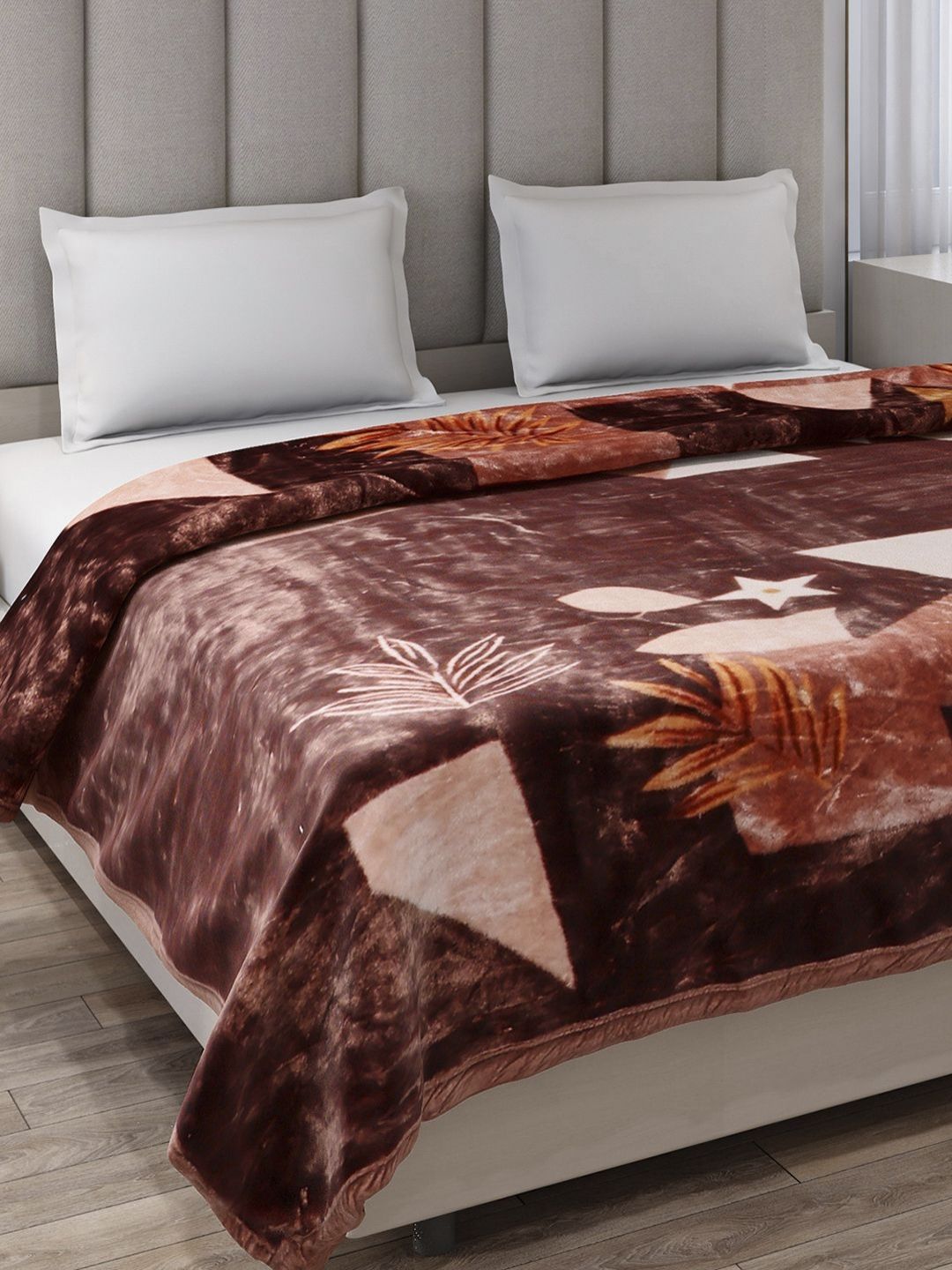 Monte Carlo Brown & Beige Floral Heavy Winter Double Bed Blanket 871 GSM-picture-34