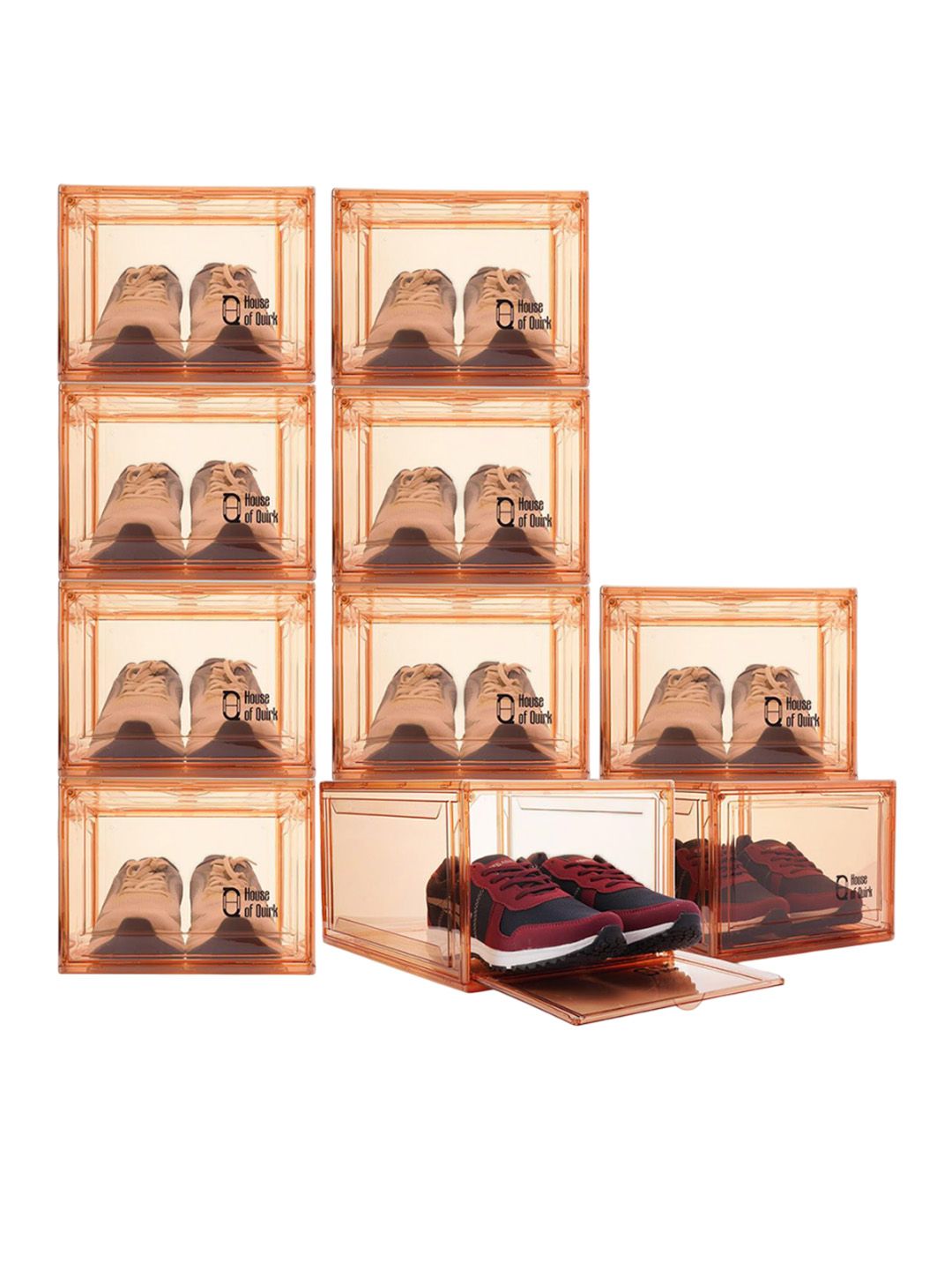 HOUSE OF QUIRK Beige 10 Pieces Clear Stackable Shoe Storage Boxes with Magnetic Door
