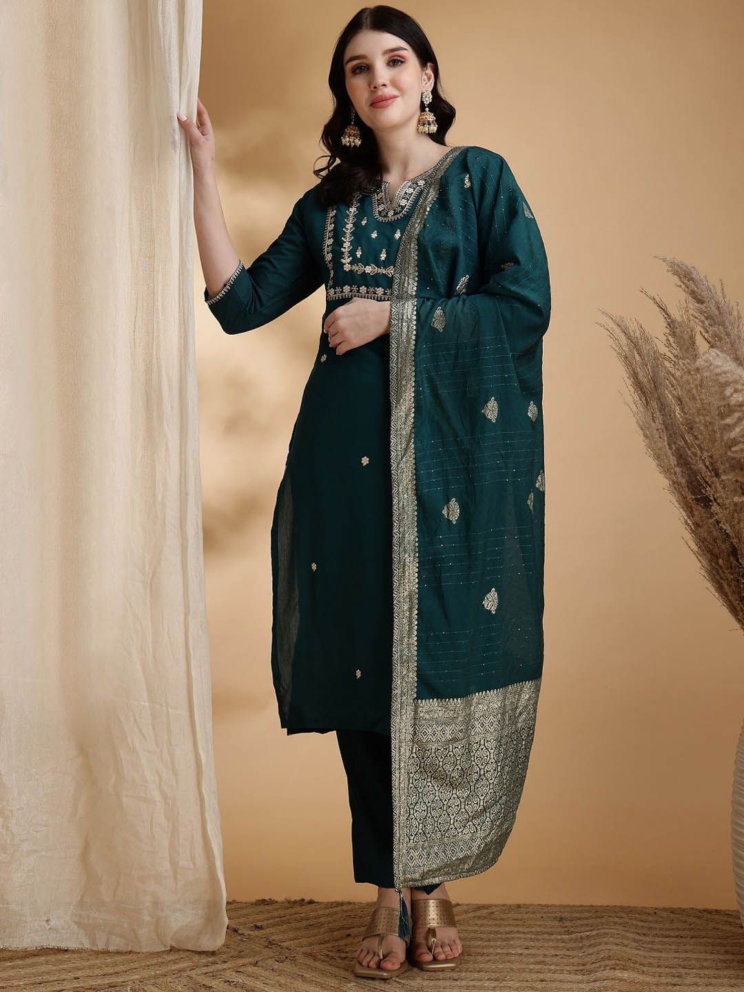 Omicron Fab Women Ethnic Motifs Embroidered Sequinned Kurta Set Dupatta