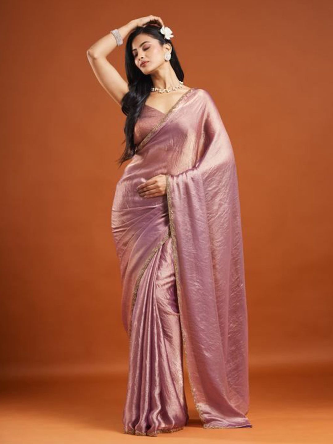 LOROFY Embellished Beads and Stones Border Satin Patola Saree-picture-30