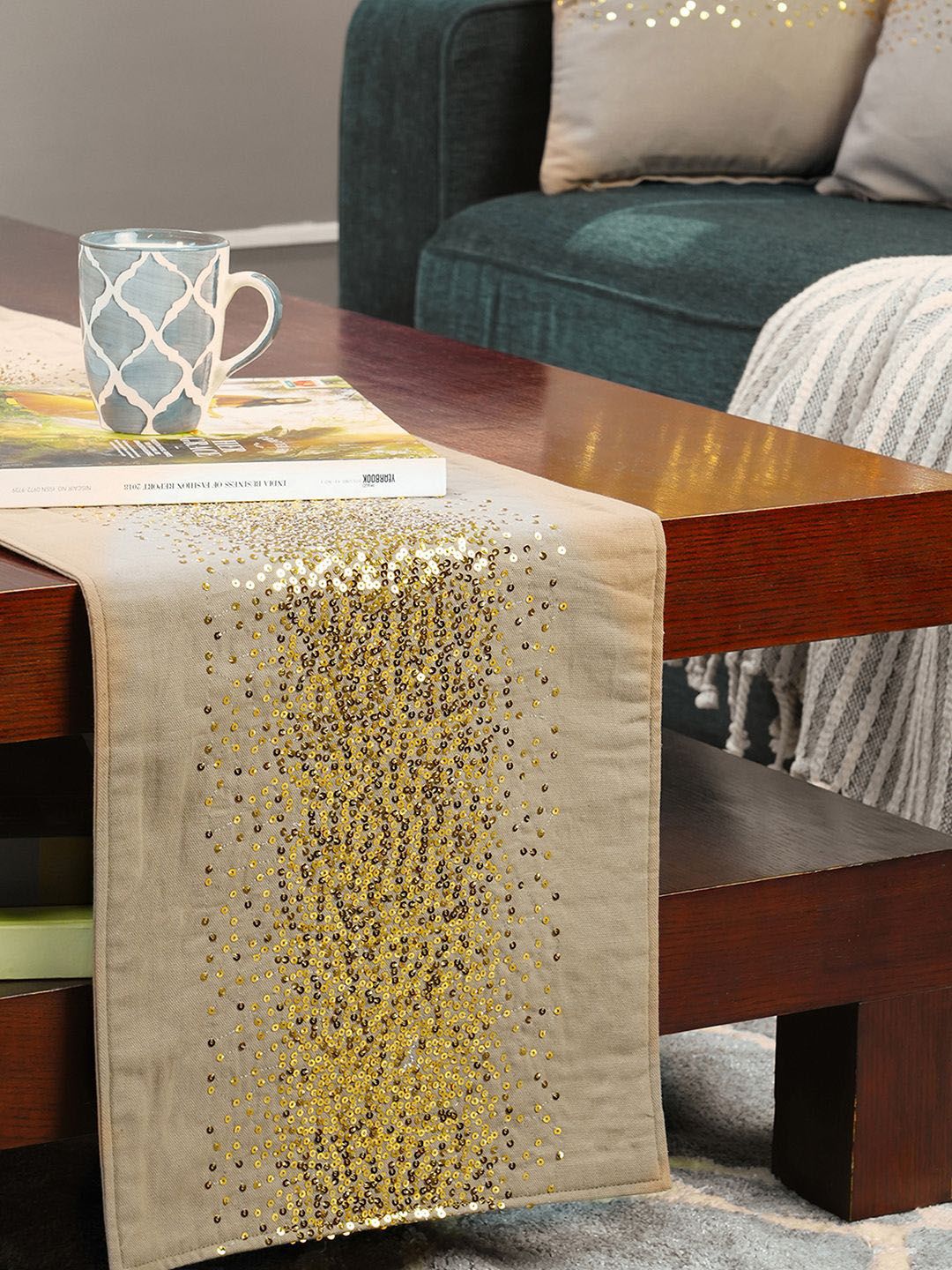 MASPAR Linen Beige & Gold Toned Embroidered Cotton 4 Seater Table Runner & Cushion Covers-image-11