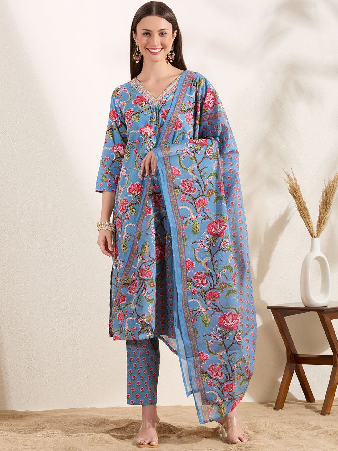 FASHOR Women Floral Printed Pure Cotton Kurta with Trouser & Dupatta