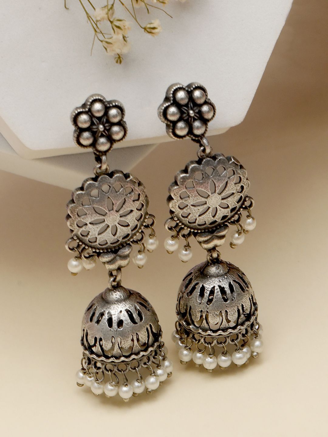 VIVAZS Silver-Plated Artificial Beaded Oxidised Dome Shaped Jhumkas-picture-21