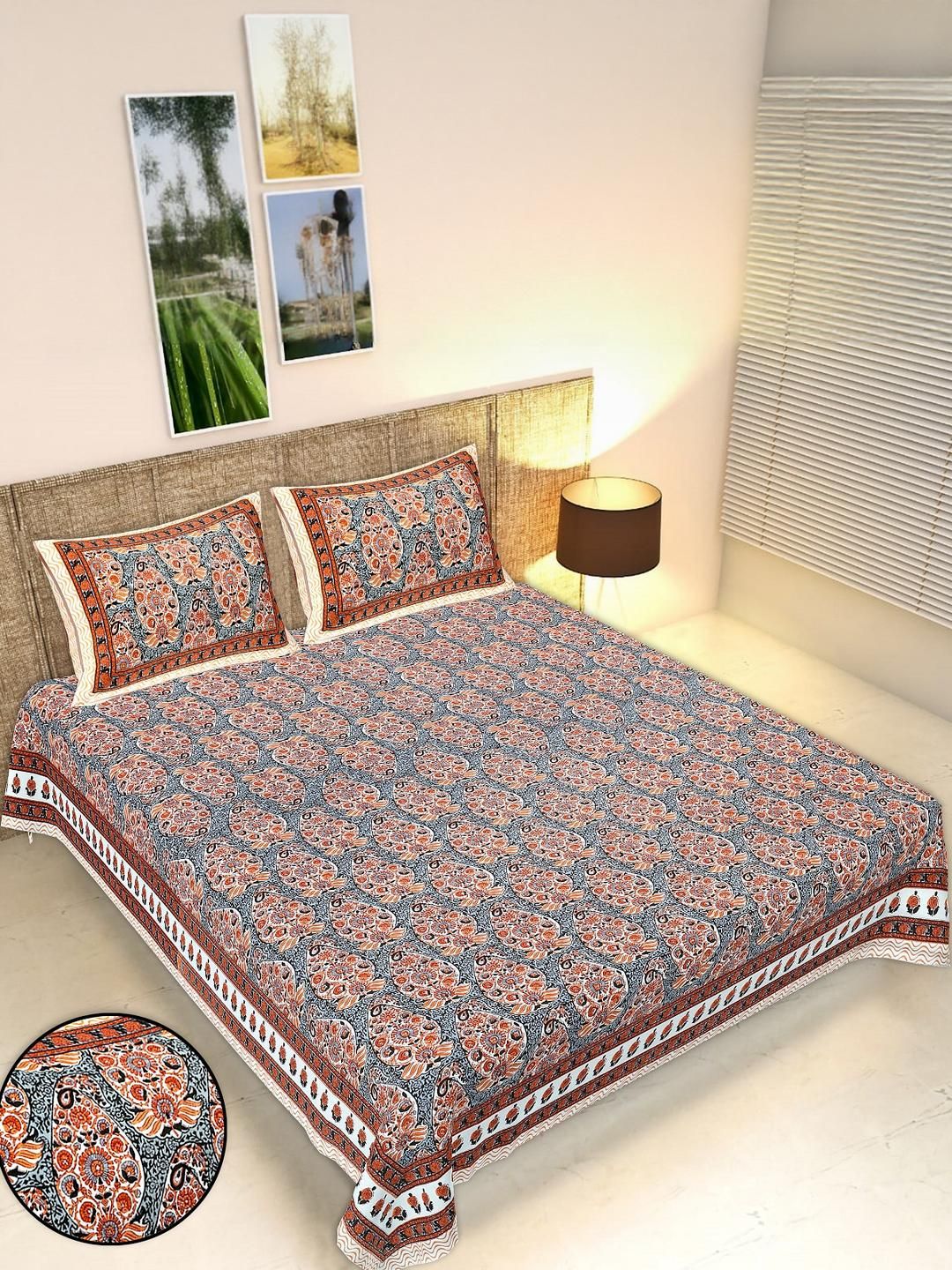 Monik Handicrafts Brown Jaipuri Cotton Printed 210 TC Bedsheet with 2 Pillow Covers-image-21