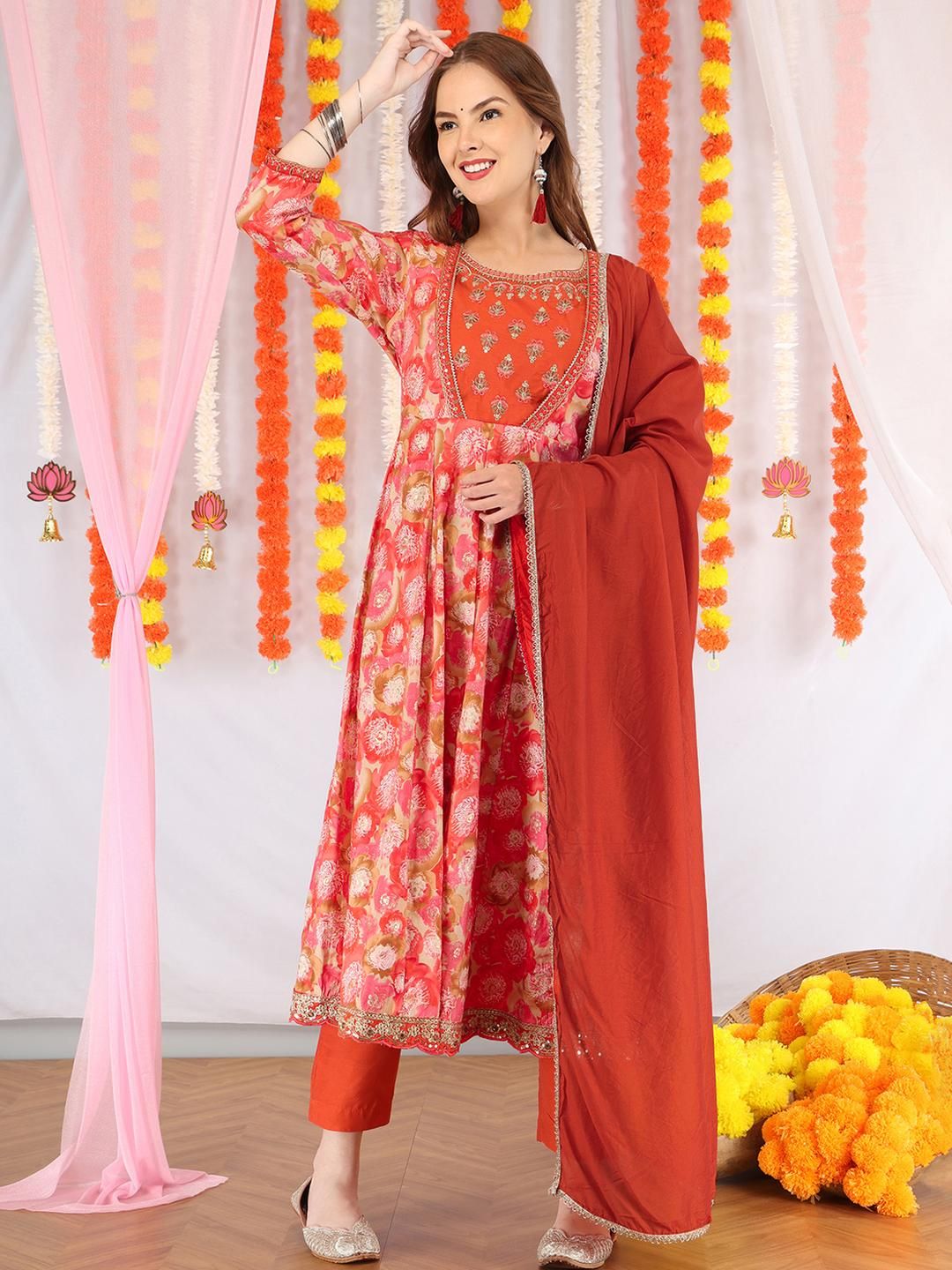 Anouk Women Red Chanderi Silk Kurta Sets With Dupatta