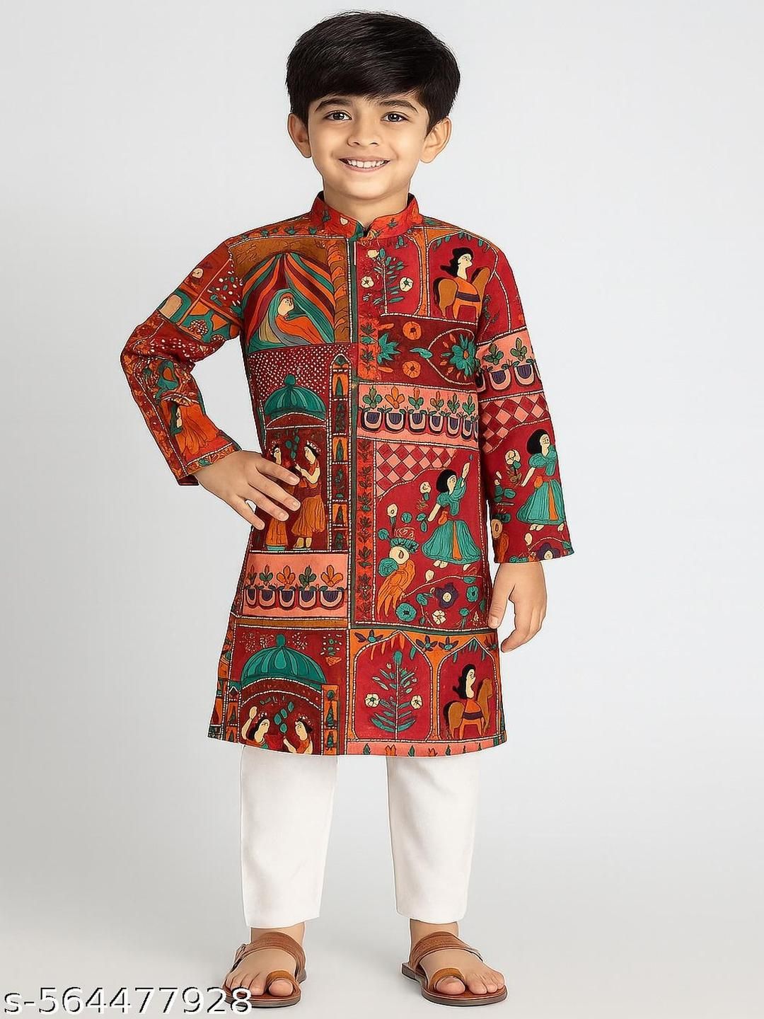 LABELZERO Kids-Unisex Red Cotton Blend Kurta Sets