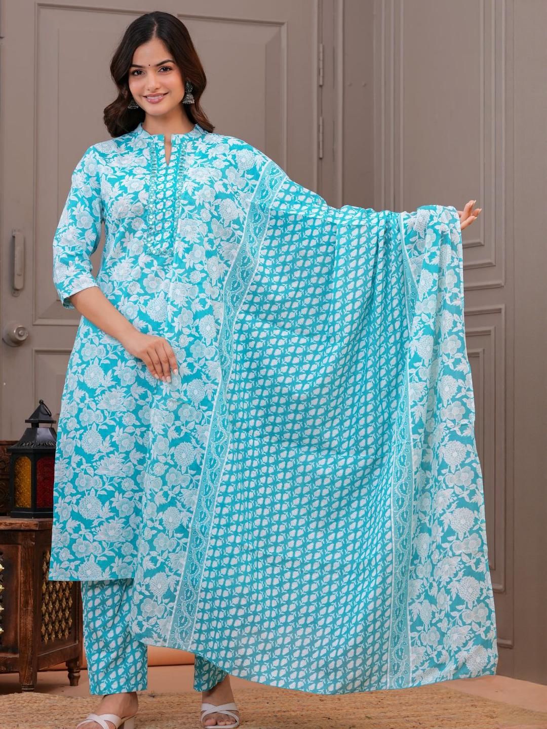 KALINI Women Blue Pure Cotton Kurta Sets With Dupatta