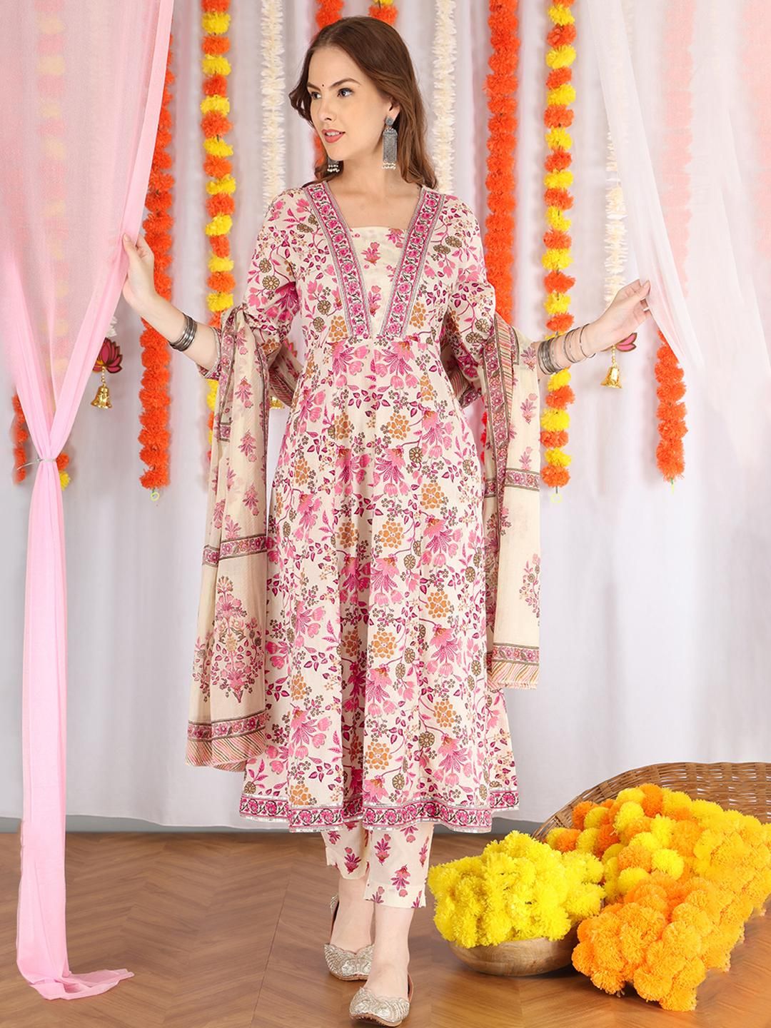 Anouk Women Pink Pure Cotton Kurta Sets With Dupatta