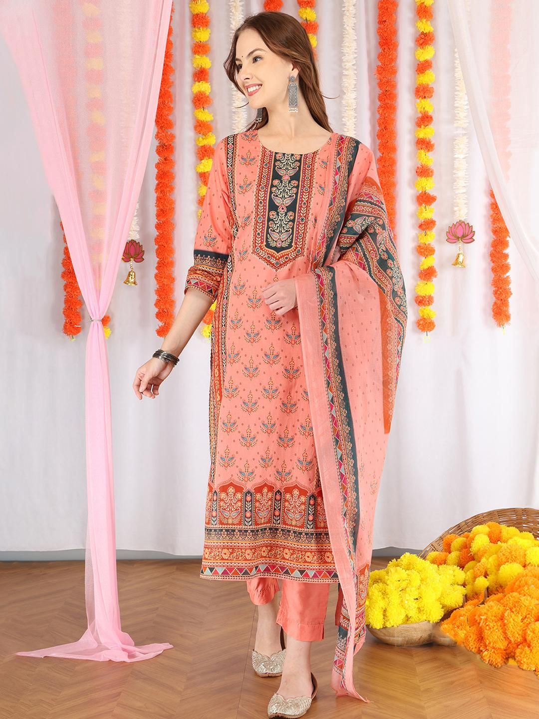 Anouk Women Peach Pure Cotton Kurta Sets With Dupatta