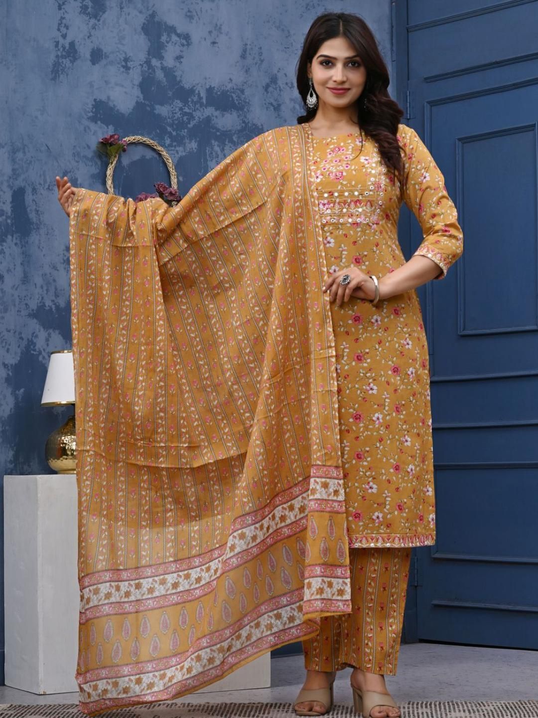 KALINI Women Mustard Pure Cotton Kurta Sets With Dupatta