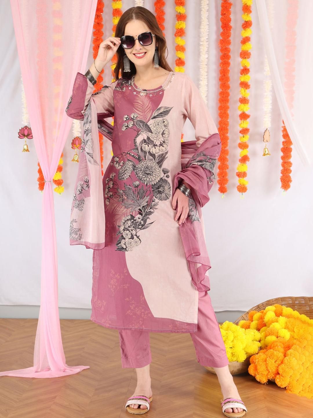 Anouk Women Mauve Pure Cotton Kurta Sets With Dupatta