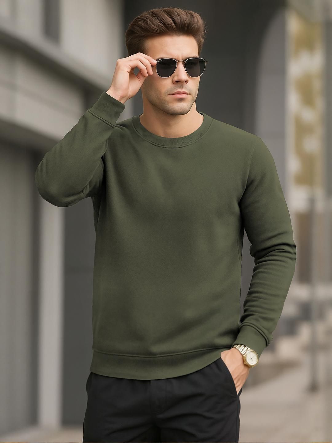 BEING WANTED Men Olive Green Cotton Solid Pullover Sweatshirt-picture-10