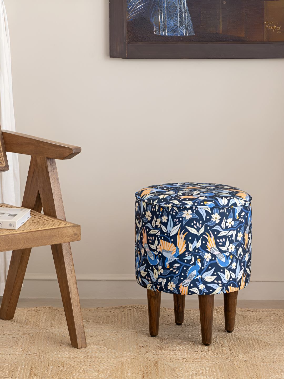 THEGASBH Blue & White Floral Printed Wooden Ottoman-image-15