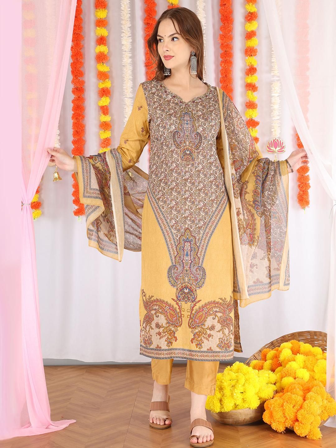 Anouk Women Mustard Pure Cotton Kurta Sets With Dupatta